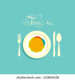 Cutlery in a flat style. Icon for menu in a restaurant. Hamburger, cheeseburger, burger with cut a small piece lies on a plate. spoon, knife and fork. Calligraphic inscription. vector Image. Picture