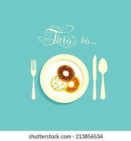 Cutlery in a flat style. Icon for menu in a restaurant. Three donut on a plate. spoon, knife and fork. Calligraphic inscription. vector Image. Picture. Illustration. Cafe, dining