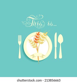 Cutlery in a flat style. Icon for menu in a restaurant. Spikelets of wheat rewound tape on a plate. spoon, knife and fork. Calligraphic inscription. vector Picture. Illustration. Cafe, dining, kitchen