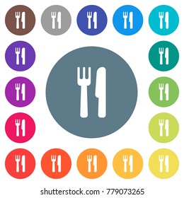 Cutlery flat white icons on round color backgrounds. 17 background color variations are included.