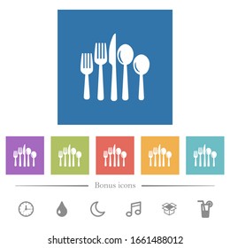 Cutlery flat white icons in square backgrounds. 6 bonus icons included.