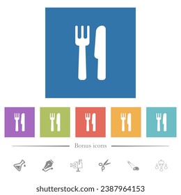 Cutlery flat white icons in square backgrounds. 6 bonus icons included.