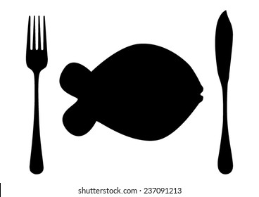 Cutlery flatware fish knife and fork with fish plate black silhouette