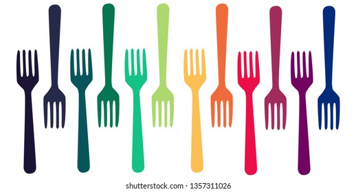 Cutlery fork icons pattern background. Colorful rainbow fork silhouettes