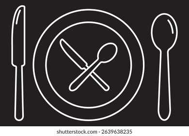 Cutlery, fork, kitchen, knife, spoon icon set . Silverware solid monochrome icon set.  eps 10