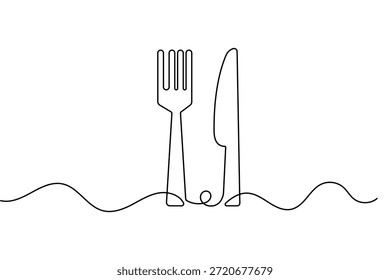 Cubiertos tenedor y cuchillo continuo de una línea de dibujo para el menú del restaurante diseño de Vector minimalista