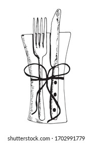 Cutlery Fork And Knife On A Napkin With A Bow. Vector. Black Silhouette On A White Background