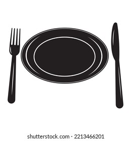 Cutlery fork and knife and plate, vector isolated illustration, black stencil icon