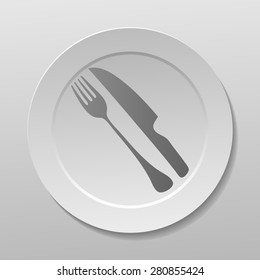 Cutlery Fork and Knife Sign on a Round Clean White Plate, Vector Illustration. 