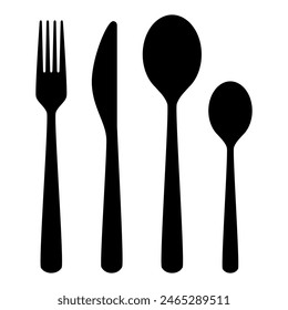 cutlery - fork, knife, spoon, teaspoon silhouette shape, set of black and white vector illustration, white background