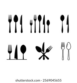 cutlery - fork, knife, spoon, teaspoon silhouette shape, set of black and white vector illustration, white background