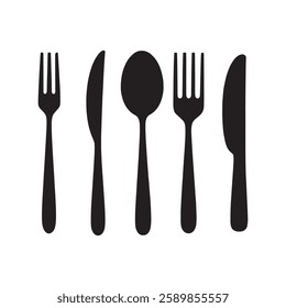 cutlery - fork, knife, spoon, teaspoon silhouette shape, set of black and white vector illustration, white background 