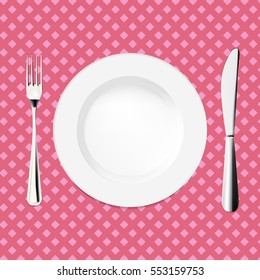 Cutlery fork, plate and knife vector illustration.