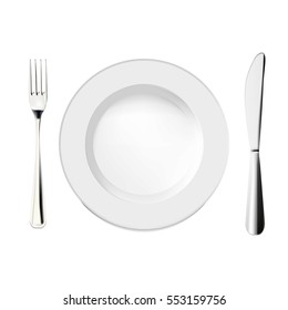 Cutlery fork, plate and knife vector illustration.