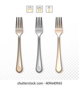 Cutlery Fork realistic. Fork, isolated on white. Set realistic forks. Fork to create a design. Gold and bronze , silver forks. Bright set of forks. Cutlery items realistic. Cutlery object realistic
