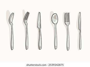 Cuchara de tenedor de cubiertos y cuchillo en diferentes vistas Vector realista aislado sobre fondo blanco