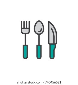 Cutlery, fork spoon and knife filled outline icon, line vector sign, linear colorful pictogram isolated on white. Kitchen utensils symbol, logo illustration. Pixel perfect vector graphics