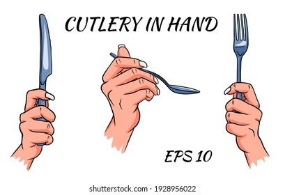 Cutlery. Fork, spoon and knife in hand. Cartoon style. A restaurant.