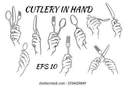 Cutlery. Fork, spoon and knife in hand. Cartoon style. A restaurant.