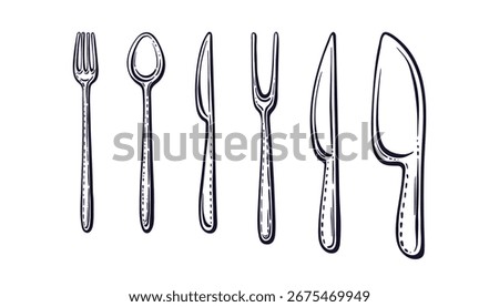Cutlery fork, spoon, knife hand drawn set. Vector illustration isolated on white background. Doodle style, art sketch. Top view