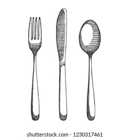 Cutlery Fork Spoon And Knife Sketch. Isolated Drawing Vector