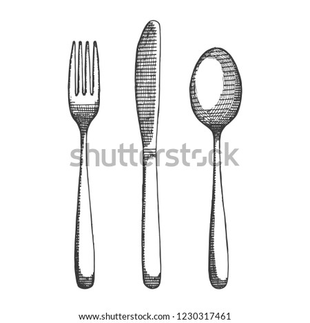 cutlery fork spoon and knife sketch. isolated drawing vector
