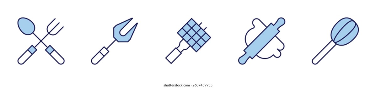 cutlery, fork, whisk, grill, roller. Utensil Icon vector illustration. Line Duotone style. Editable stroke.