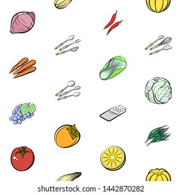 Cutlery, Fruits and Health food set. Background for printing, design, web. Usable as icons. Seamless. Colored.