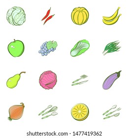 Cutlery, Fruits and Health food set. Background for printing, design, web. Usable as icons. Colored.