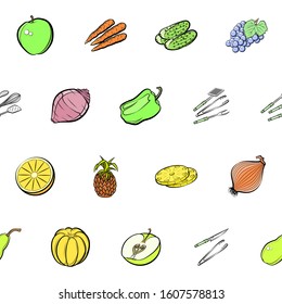 Cutlery, Fruits and Health food set. Background for printing, design, web. Usable as icons. Seamless. Colored.