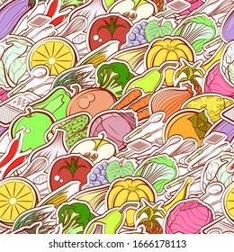 Cutlery, Fruits and Healthy food pattern. Background for printing, design, web. Seamless. Colored.