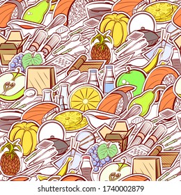 Cutlery, Fruits and Japanese food pattern. Background for printing, design, web. Seamless. Colored.