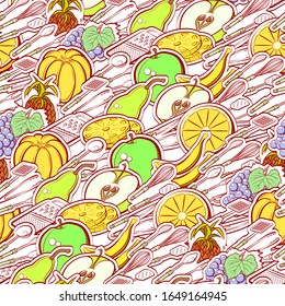 Cutlery and Fruits pattern. Background for printing, design, web. Seamless. Colored.