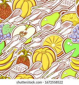 Cutlery and Fruits pattern. Background for printing, design, web. Seamless. Colored.
