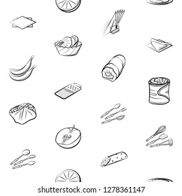 Cutlery, Fruits, Snacks and Table setting set. Background for printing, design, web. Usable as icons. Seamless. Monochrome binary, black and white.