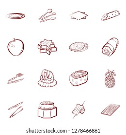 Cutlery, Fruits, Snacks and Table setting set. Background for printing, design, web. Usable as icons. Binary color.