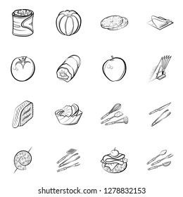 Cutlery, Fruits, Snacks and Table setting set. Background for printing, design, web. Usable as icons. Monochrome binary, black and white.