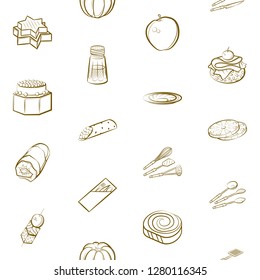 Cutlery, Fruits, Snacks and Table setting set. Background for printing, design, web. Usable as icons. Seamless. Binary color.