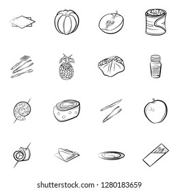 Cutlery, Fruits, Snacks and Table setting set. Background for printing, design, web. Usable as icons. Monochrome binary, black and white.