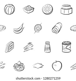 Cutlery, Fruits, Snacks and Table setting set. Background for printing, design, web. Usable as icons. Seamless. Monochrome binary, black and white.