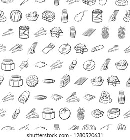 Cutlery, Fruits, Snacks and Table setting set. Background for printing, design, web. Usable as icons. Seamless. Monochrome binary, black and white.