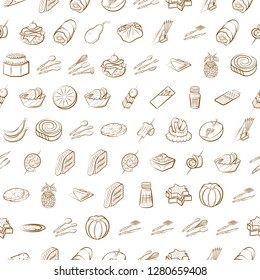 Cutlery, Fruits, Snacks and Table setting set. Background for printing, design, web. Usable as icons. Seamless. Binary color.