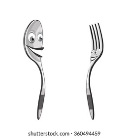 Cutlery with funny faces and big eyes, spoon and fork looking at each other and smile, vector
