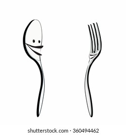Cutlery with funny faces, spoon and fork looking at each other and smile, vector