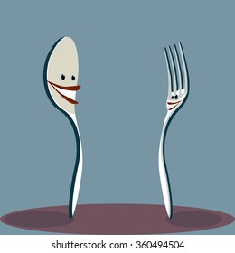Cutlery with funny faces, spoon and fork looking at each other and smiling on a blue background in the purple circle, vector