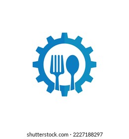 vector de icono del logotipo de la máquina de engranajes de cubiertos. ilustración de la combinación de cuchara de horquilla y máquina de engranajes. diseño simple y plano de vectores. excelente para la industria alimentaria, restaurantes, cafés, etc.