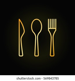 Cutlery golden linear icon - vector knife, spoon and fork sign. Food concept symbol or logo element in thin line style on dark background