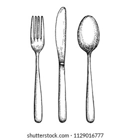 Cutlery Hand Drawing Vector. Isolated Spoon Fork And Knife.