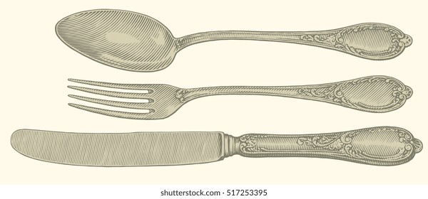 Cutlery. Hand drawn engraving. Vector vintage illustration. Isolated on color background. 8 EPS
