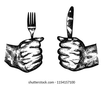 cutlery in hands silhouette black vector. fork and kitchen knife isolated